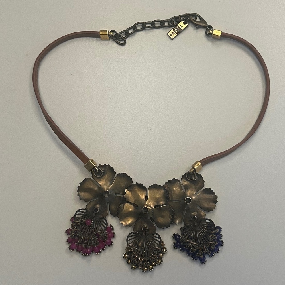 TOVA - Vibrant Boho Floral Enamel Brass Necklace on Brown Leather Cord - 18 in. - Picture 10 of 14